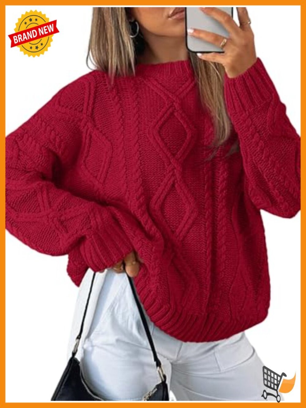 Oversized Cable Knit Sweater Cotton Blend Crew Neck Long Sleeve Pullover